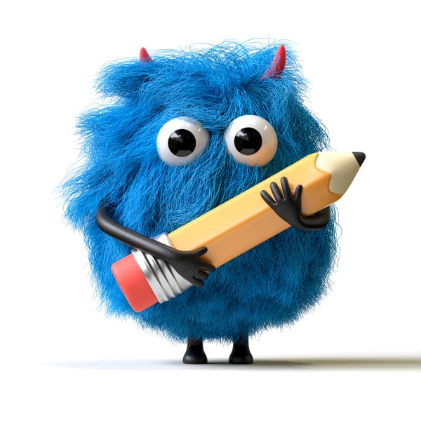 Blue furry monster with big eyes holding a large pencil.