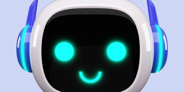 Cute robot face with glowing blue eyes and smile.