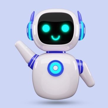 Cute white and blue robot waving.