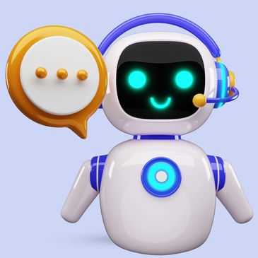 Cute robot with glowing eyes and headset, ready to chat.
