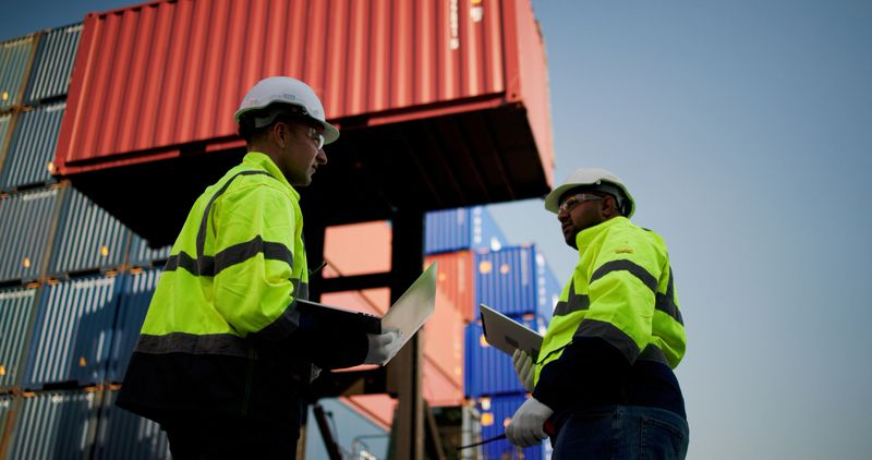 Dock workers working in commercial docks inspected containers