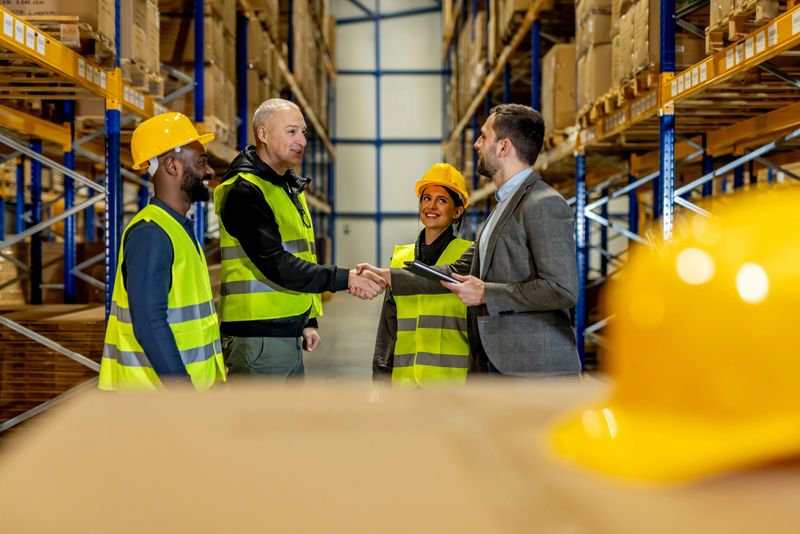 A team of professionals, wearing safety equipment, discussing logistics and operations in a warehouse environment, illustrating teamwork, leadership, and organization.