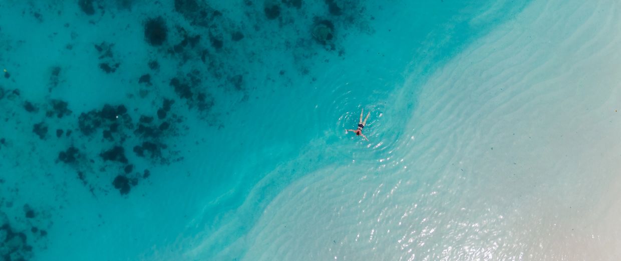 A lone swimmer floats in clear blue ocean near a sandy shore.
