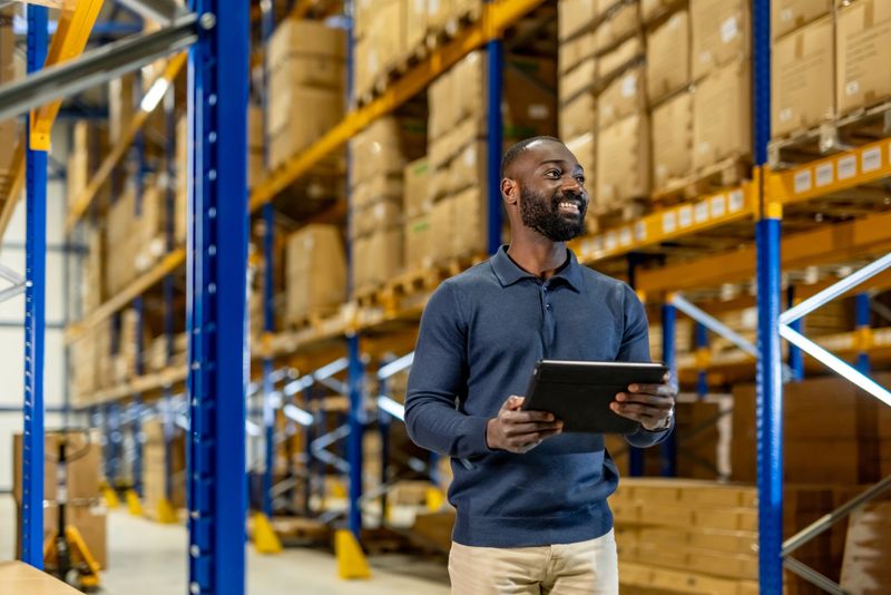 An organized warehouse environment showing a manager working with a tablet to oversee inventory. Emphasizes professional logistics, modern technology integration, and efficient supply chain operations.