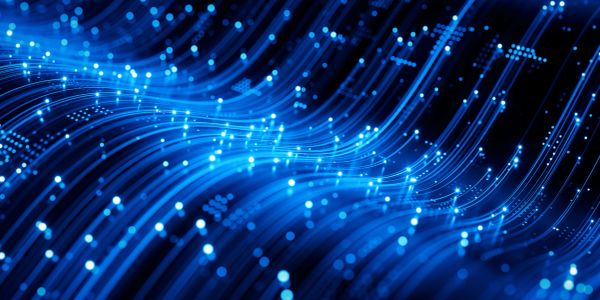 Glowing blue lines with digital data points.