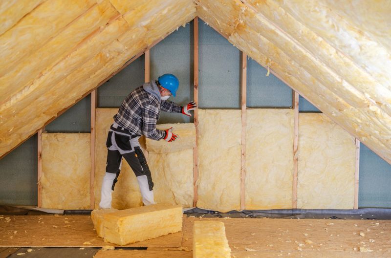 A worker wearing a helmet and gloves is installing mineral wool insulation panels in a residential attic. The space is well-lit and under construction.