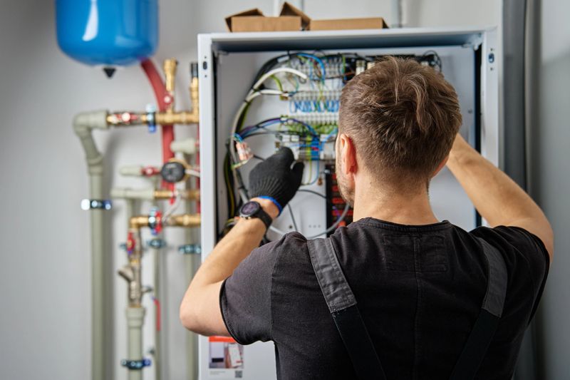 Technician working on internal wiring of heat pump, inspecting electrical connections. Specialist servicing heating and cooling system. Electrician with screwdriver tightening screws on control panel