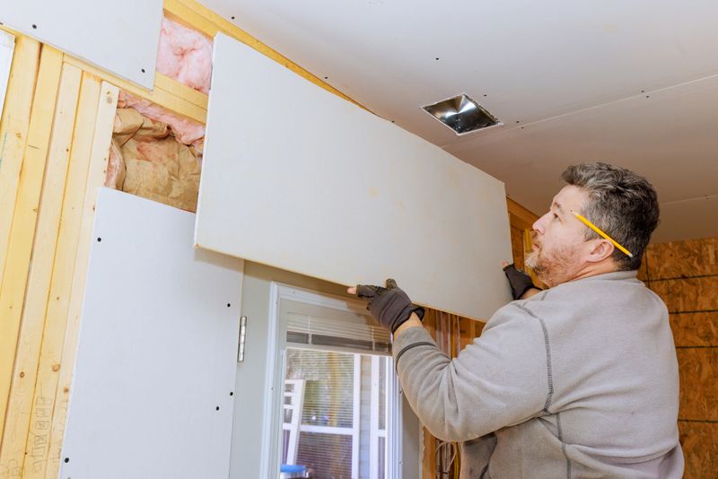 Worker carefully mounts drywall gypsum board on wooden framing in home interior.
