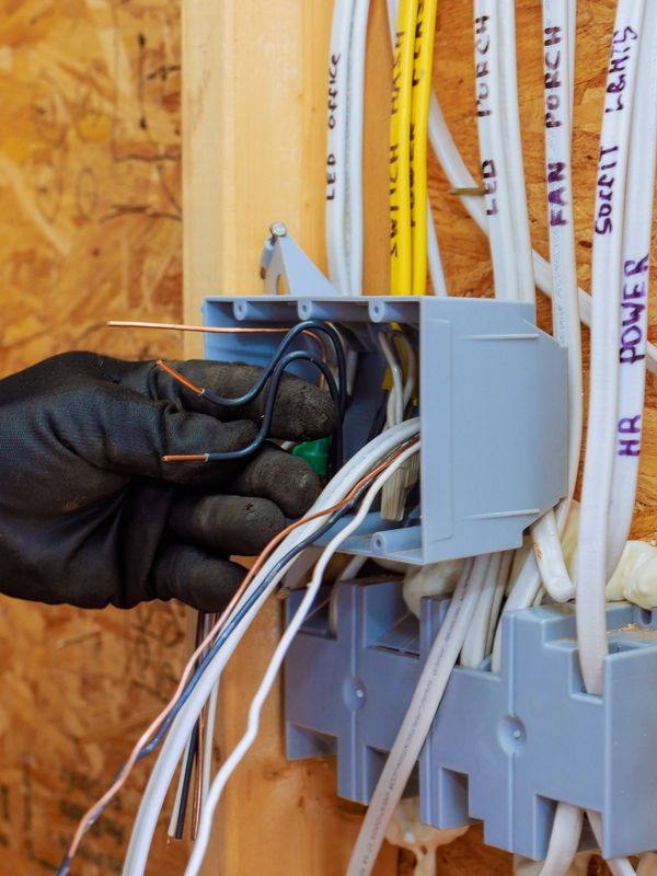 Electrician wiring a junction box with labeled cables inside a wooden frame.