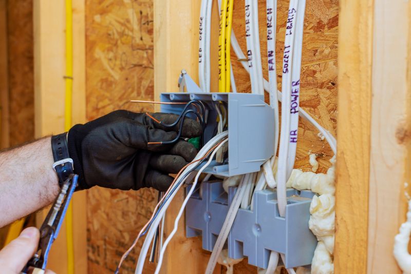 Electrician connects wires inside circuit box while renovating home, ensuring proper electrical setup