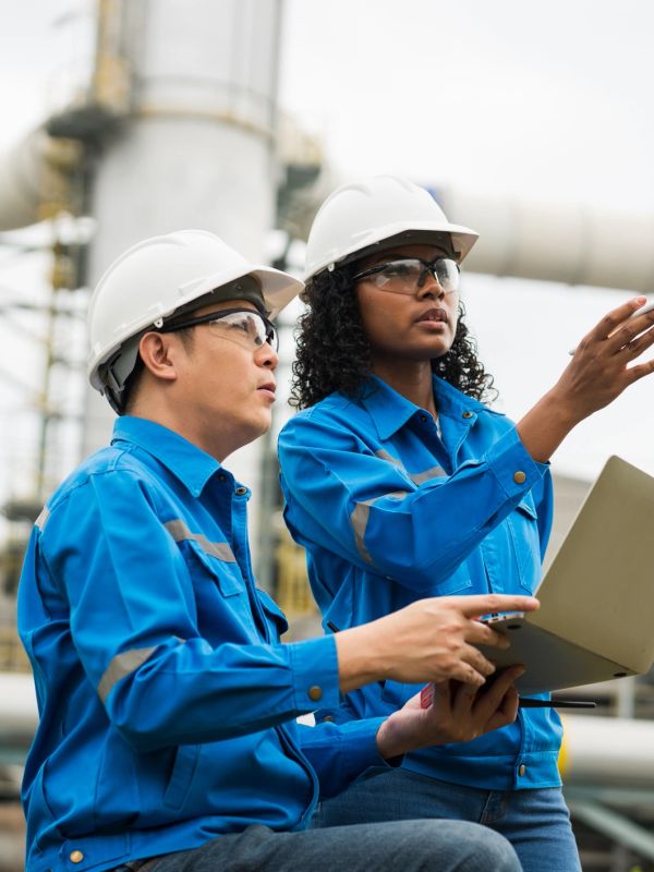 Two engineers discussing work at an industrial site.