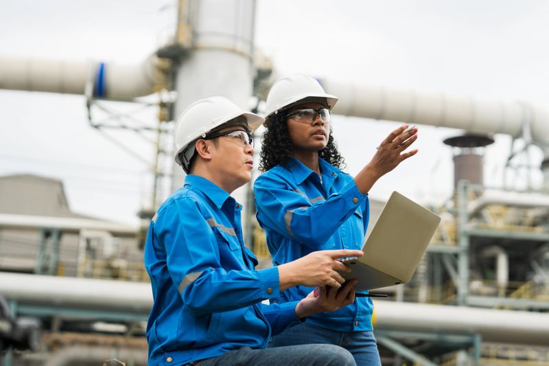 Male and female engineers work using laptop and tablet in gas refineries and oil refinery plants to check production quality and safety of refineries.