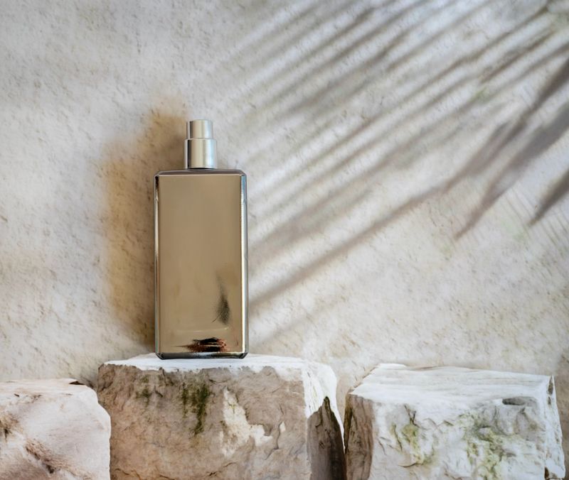 Silver  luxury perfume bottle on stone background