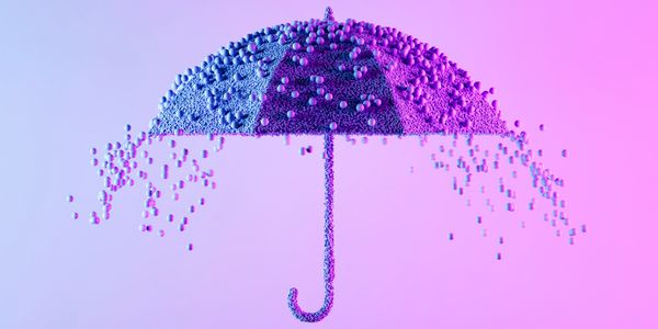 Umbrella made of tiny spheres against a gradient purple-pink background.