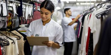 Workers managing clothes inventory in a laundry or dry cleaning facility.