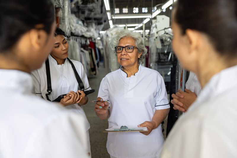 Latin American business manager talking to a group of employees in a staff meeting at a laundromat