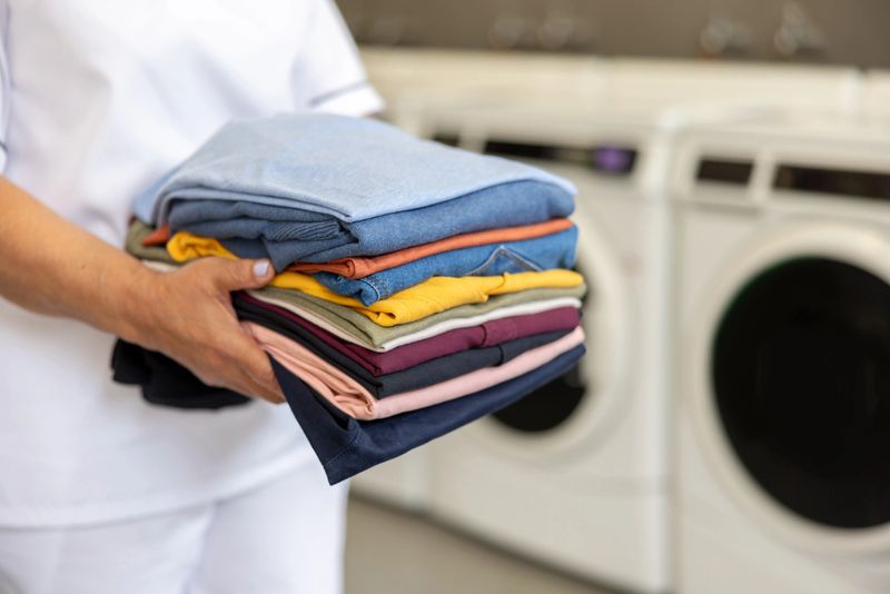 Close-up on a maid holding folded clothes at a laundromat - domestic life concepts
