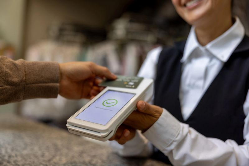 Close-up on a customer making a contactless payment at the laundry - small business concepts