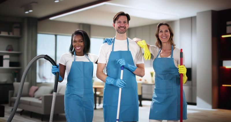 Professional cleaning team works together to tidy up a living room.   Possible professions suggested: janitor, cleaner, maid, housekeeping staff