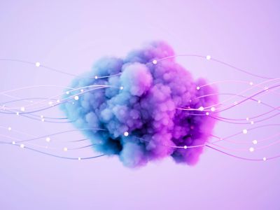 Colorful cloud with network connections on purple background.