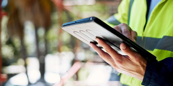 Worker in a high-visibility jacket using a tablet device.