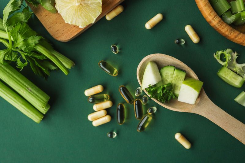 Overhead view of chopped celery, cucumber, and lemon alongside vitamin capsules on a wooden board against a green background. Perfect for healthy lifestyle or detox meal prep.