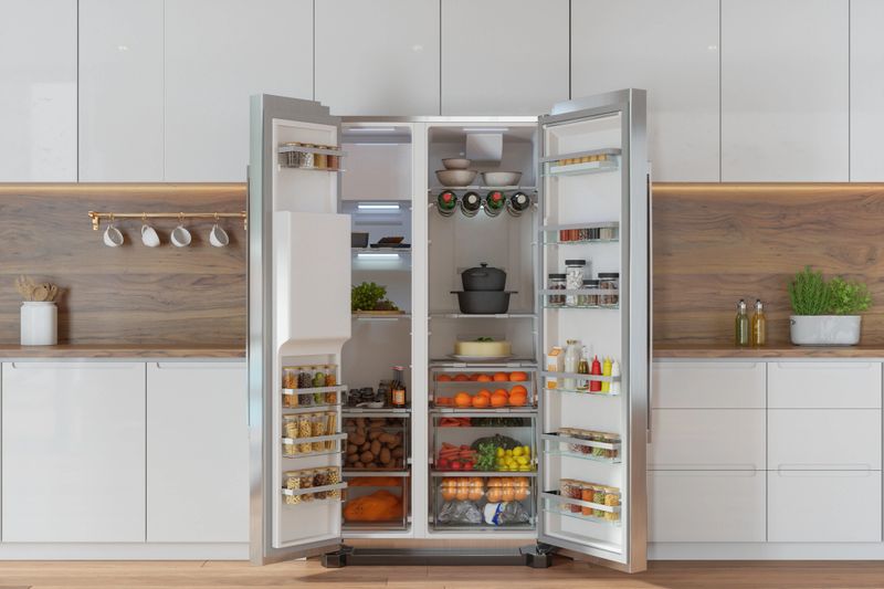 Modern Kitchen Interior With Front View Of Open Refrigerator Filled With Fruits, Vegetables And Various Foods