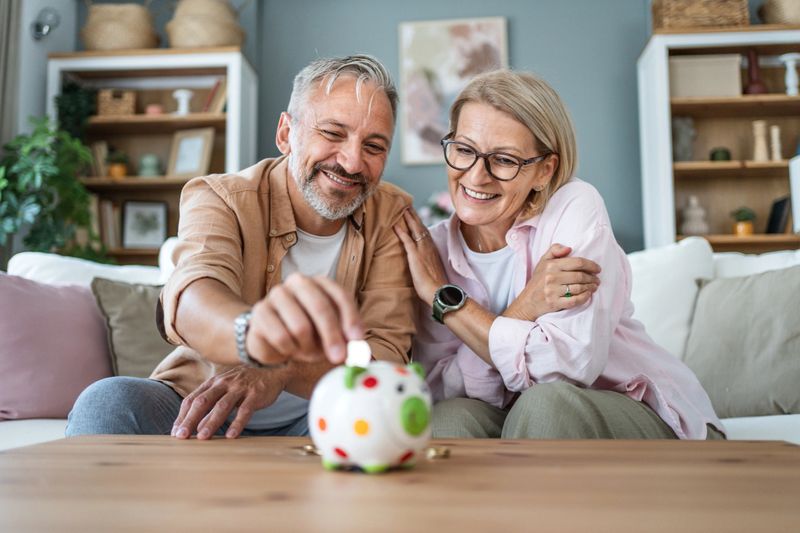 Happy mature couple inserting coins in a piggybank