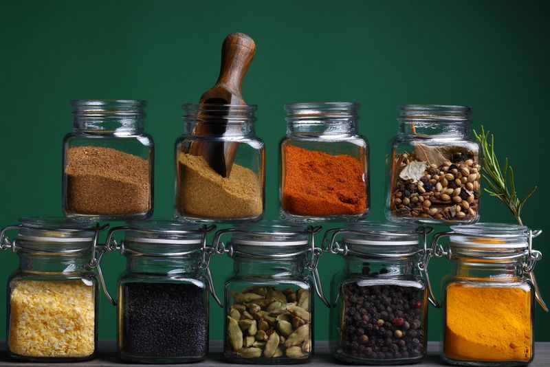 A selection of Herbs and Spices in sealed storage bottles