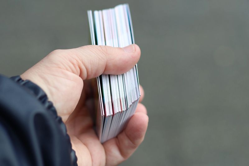 A hand holding a pack of trading cards