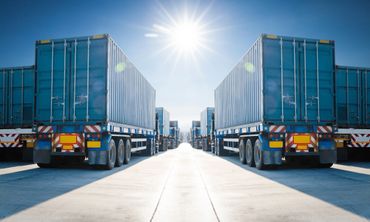 Two rows of blue cargo trucks parked under a bright sun.