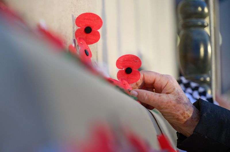 Hand of an elderly person placing red poppies on the wall. Anzac Day commemoration. Auckland.