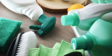 Cleaning supplies including spray bottles and brushes.