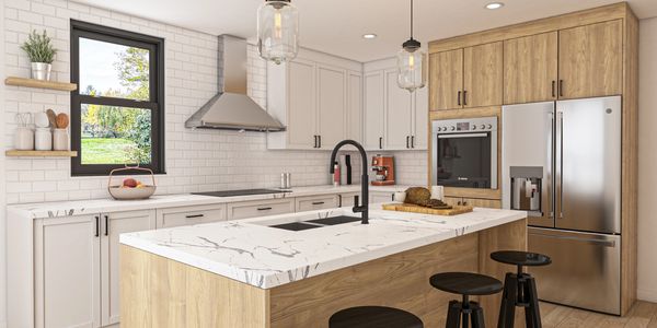 Modern kitchen with sleek white cabinetry, a large center island and pendant lighting