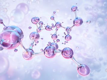 Abstract molecules connected in a translucent, glossy, purple and blue design.