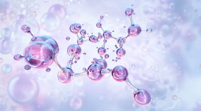 Hyaluronic acid molecules, 3D molecular structure. Hydration concept, anti-aging skincare, collagen, beauty innovation. Cosmetic ingredients, lipid nanoparticles, vitamins, biotechnology, dermatology