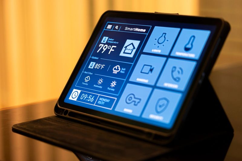 A smart home control tablet resting on a table in a cozy living room at night. The screen displays an advanced smart home UI with various data, including date, time, weather, security status, temperature (in Fahrenheit), lighting, door locks, intercom, cameras, and room settings. Perfect for illustrating home automation, IoT technology, and modern smart living concepts.