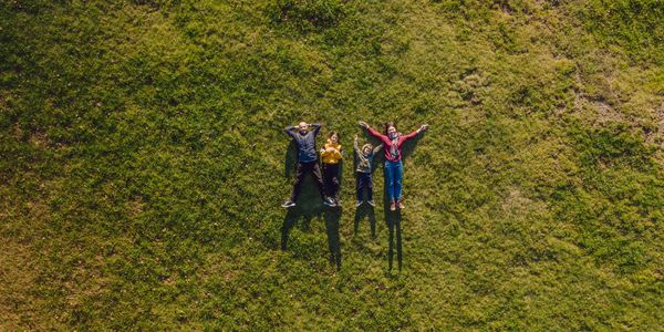 Four people lying on grass with shadows in sunlight.