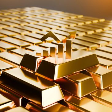 Golden bars stacked with an upward trending arrow chart symbolizing financial growth.