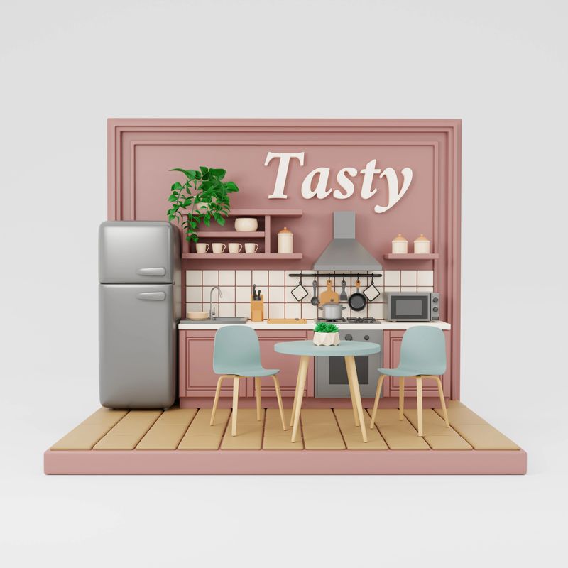 Kitchen set with household appliances and refrigerator. Concept of correct planning of kitchen design in pastel colors. 3D rendering.