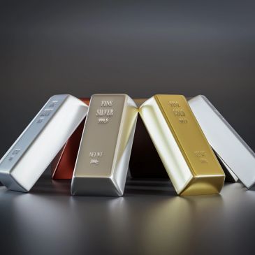 Gold and silver bars arranged in a pyramid shape.