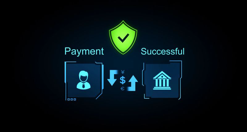 Secure payment interface displaying shield icon, user, bank graphics, currency symbols on dark background. Concept of successful transactions. 3D Rendering.