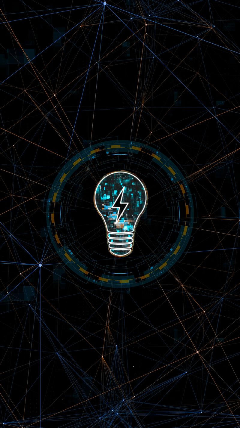 Blue digital light lamp logo with circle futuristic HUD elements and orange line connection with lightbulb and ideas concept on vertical abstract background