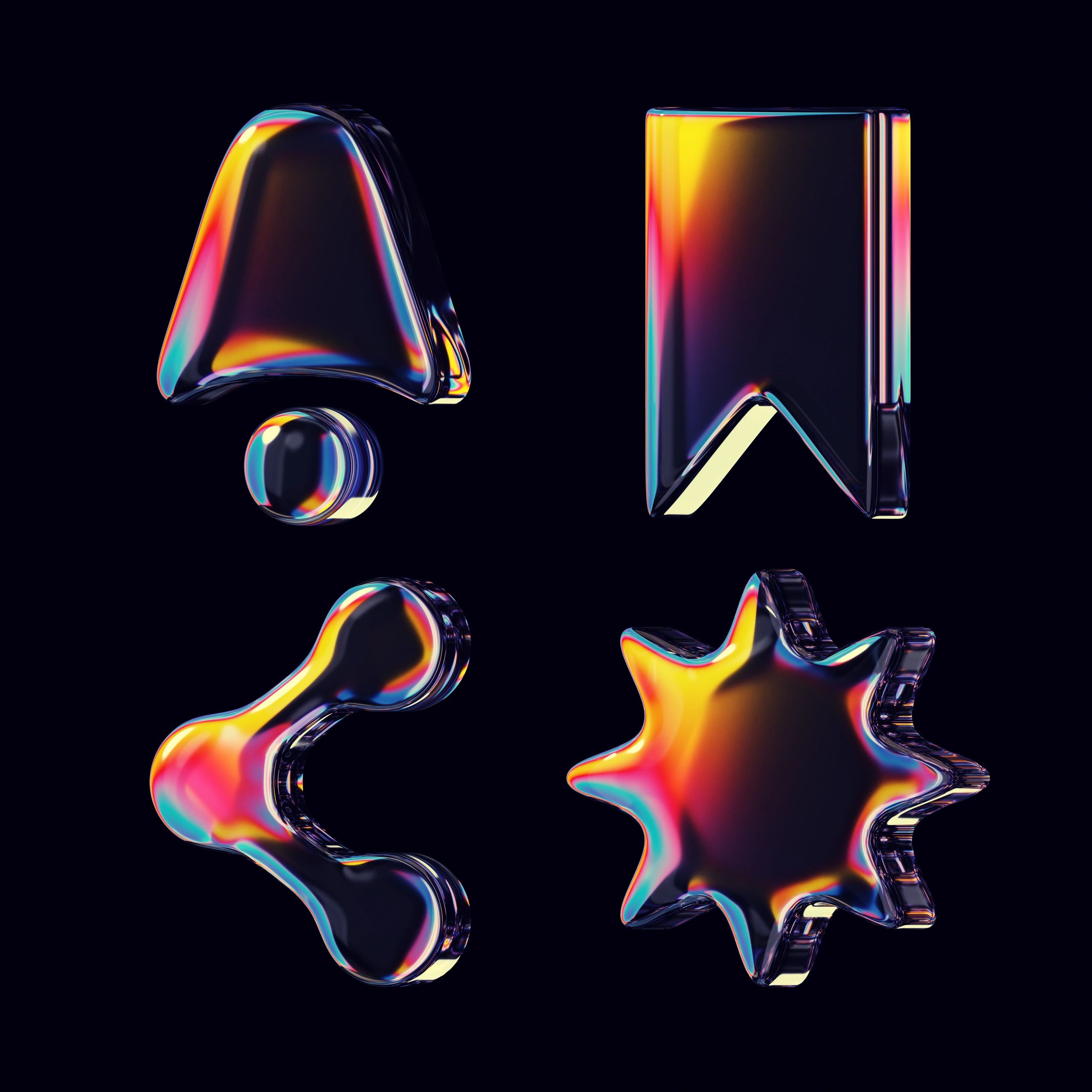 Colorful glossy abstract shapes with a dark background.