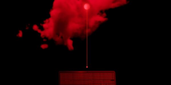 Red digital rain falling from a red cloud onto a data block.