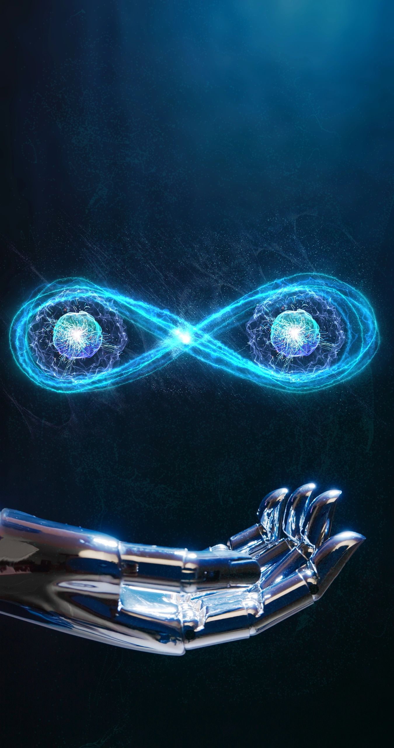 futuristic science Quantum computer concept -  hand of robot is holding Two quanta generate quantum entanglement