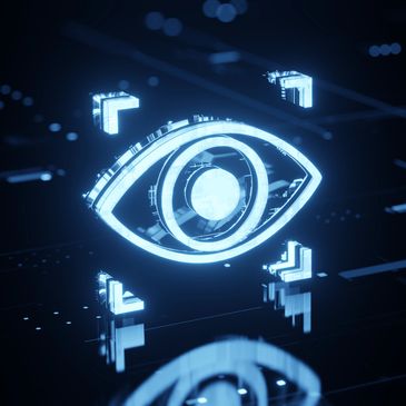 Glowing digital eye icon on a dark futuristic interface.