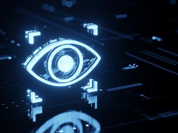 Glowing digital eye icon on a dark futuristic interface.