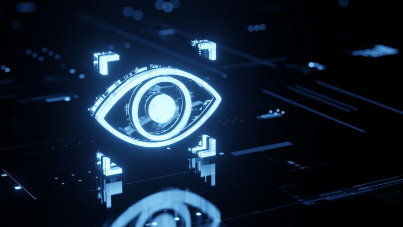Illuminated digital eye design representing technological innovation, surveillance systems, and advanced artificial intelligence applications, set within a glowing dark blue futuristic environment.