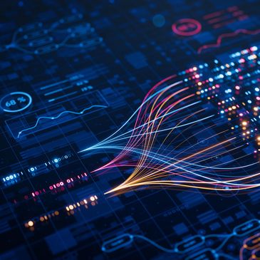 Digital data streams converging into a circuit board, symbolizing data processing.